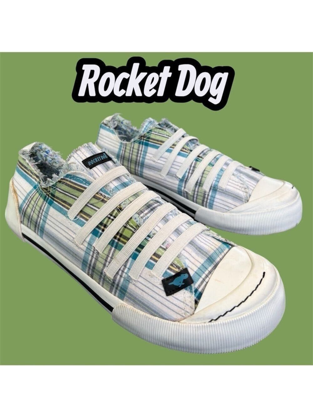 Rocket Dog Plaid Canvas Slip-On Sneakers in Blue, Green, White. Women’s 9.5 EUC!